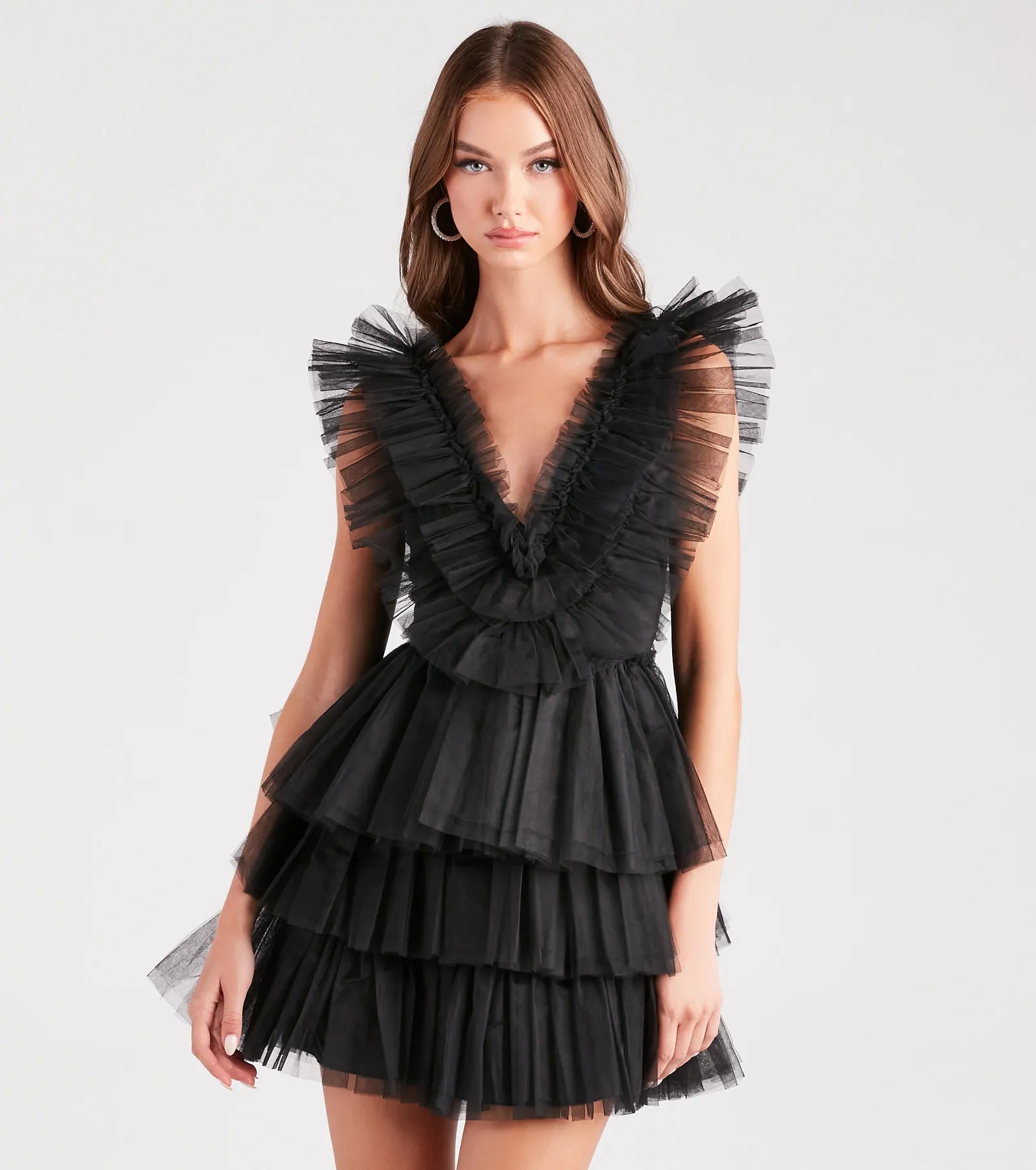 Devon Ruffled Tulle V-Neck Party Dress