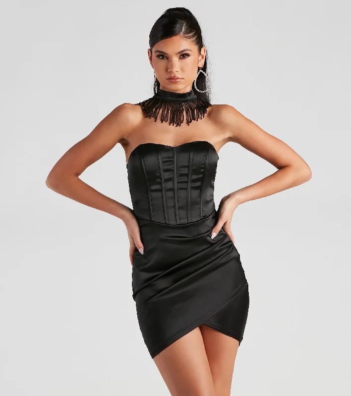 Marina Fringe Choker Neck Satin Mini Dress