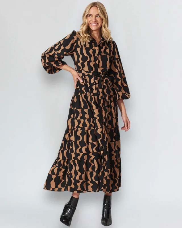 ADDISON MIDI DRESS - TAN/BLACK