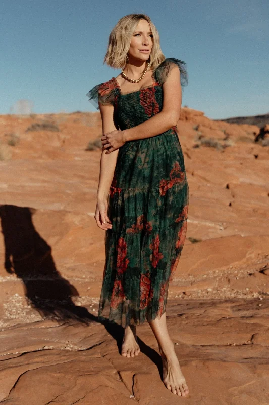 Clementine Tulle Midi Dress | Dark Green Floral