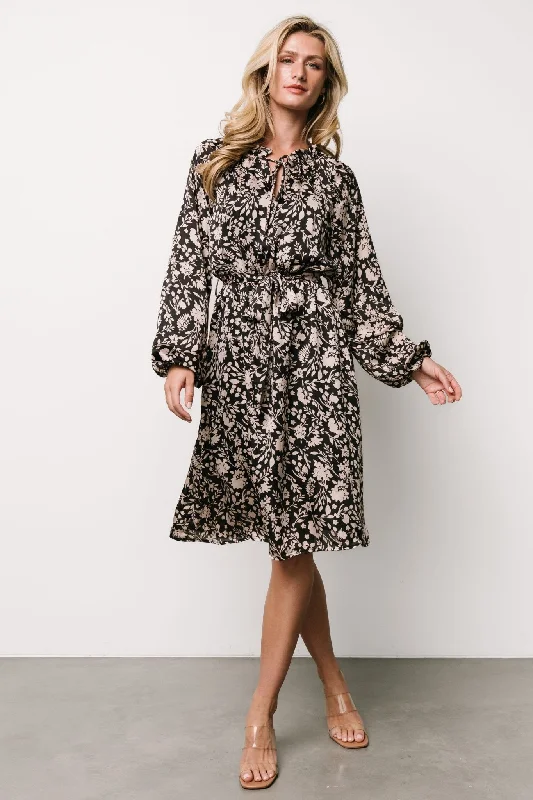 Deena Satin Dress | Black + Taupe Floral