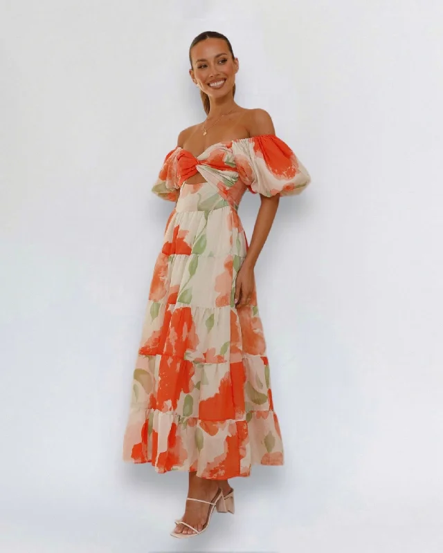 LOPASI MIDI DRESS -ORANGE FLORAL