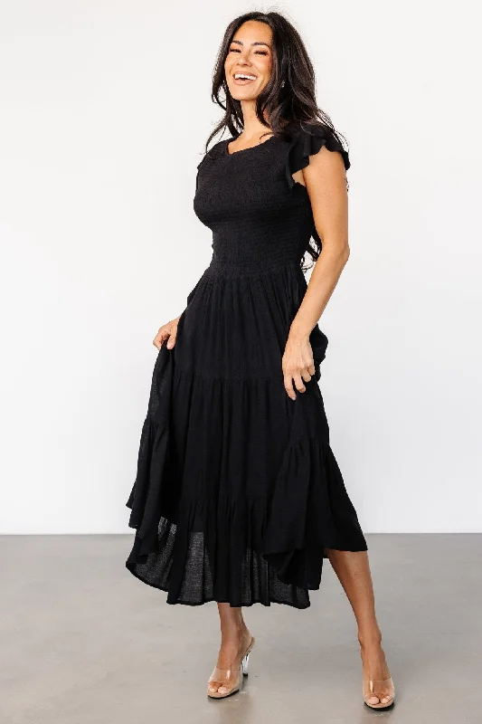 Loretta Smocked Midi Dress | Black