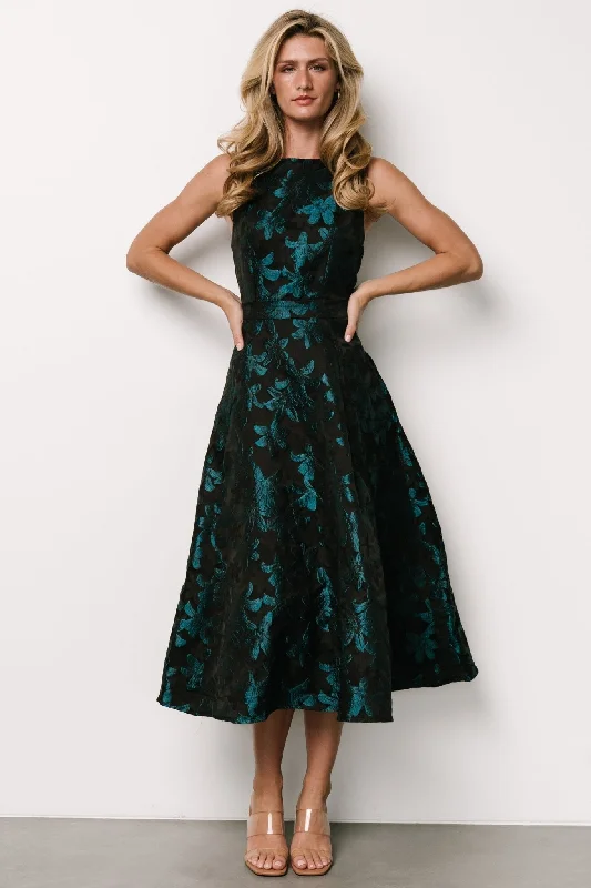 Maren Embossed Midi Dress | Black + Teal Floral