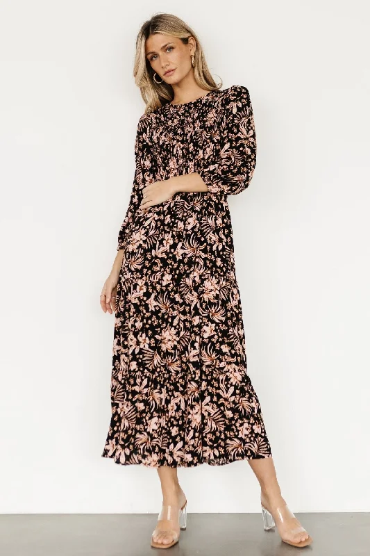 Rochelle Smocked Midi Dress | Black Multi Floral