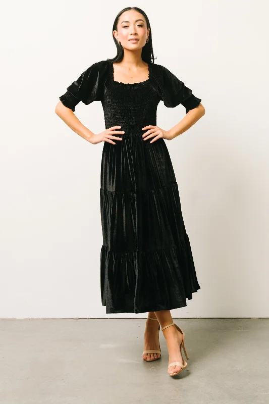 Vivaldi Smocked Velvet Midi Dress | Black