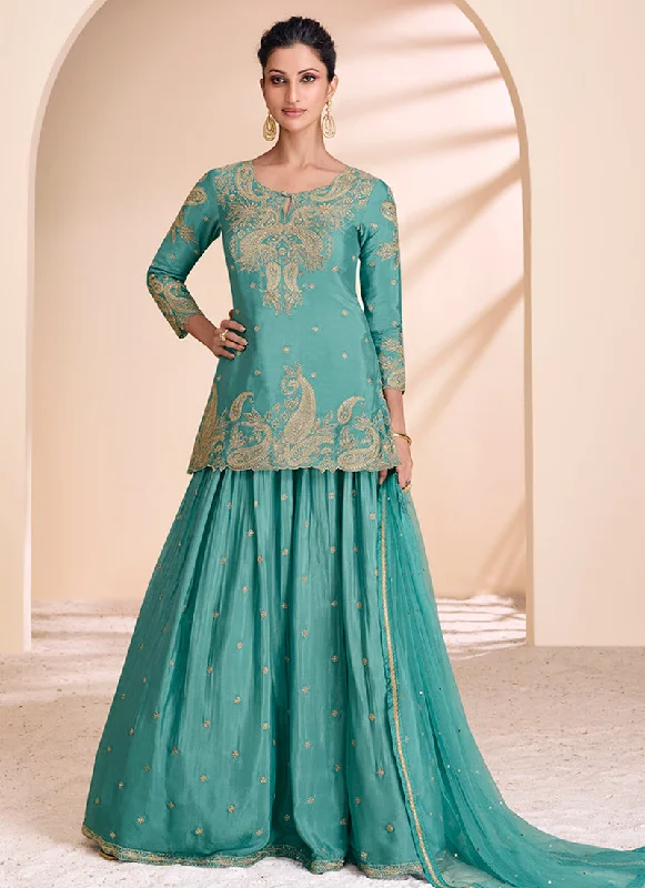 Aqua Blue Embroidered Lehenga Kurti