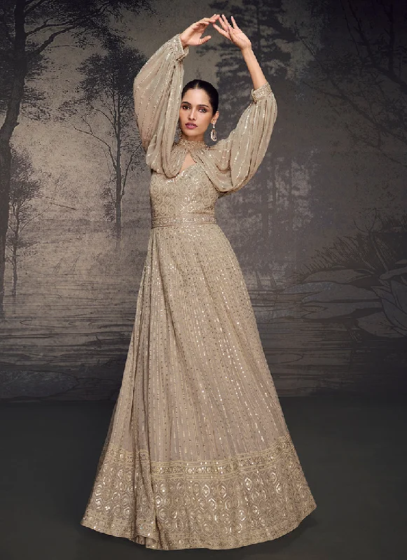 Beige Golden Embroidered Georgette Anarkali Dress