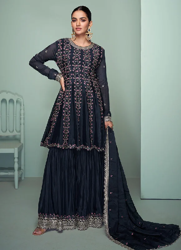 Black Reshamkari Embroidery Gharara Style Suit