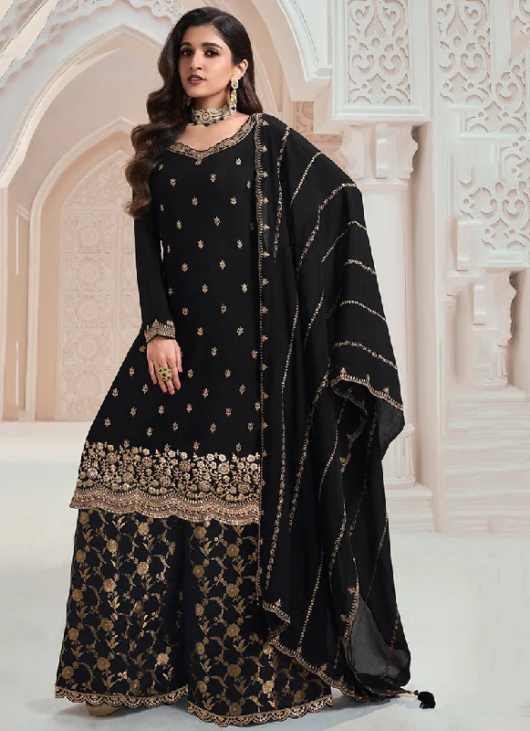 Black Traditional Embroidered Festive Palazzo Suit