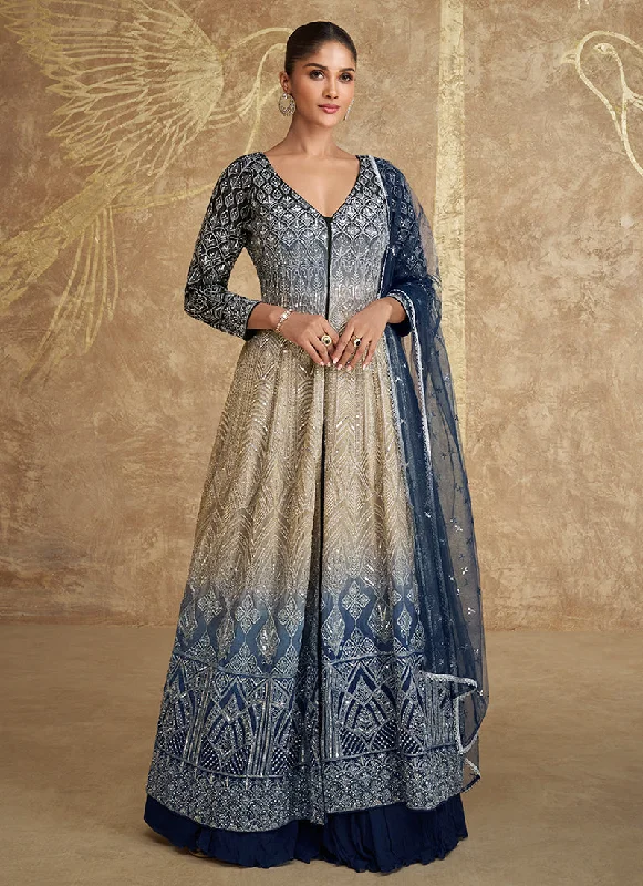 Blue Beige Ombré Embroidered Slit Style Anarkali Lehenga