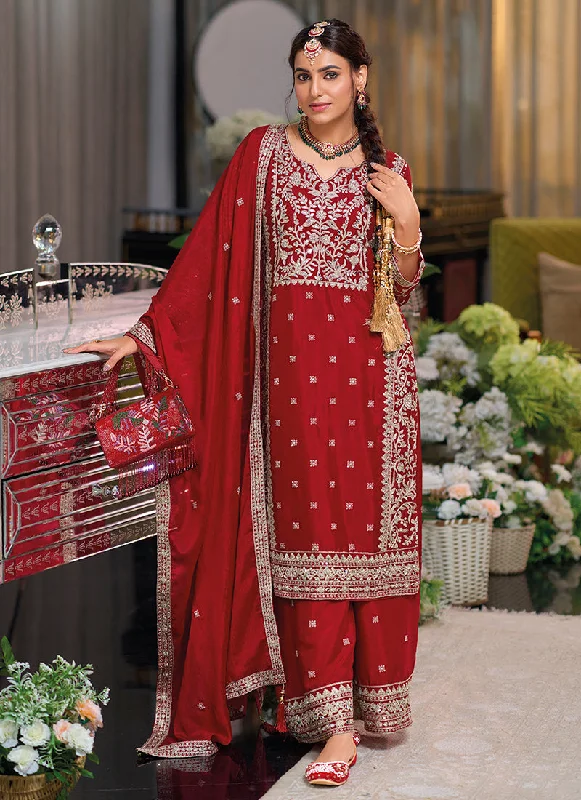 Bridal Red Traditional Embroidery Chinnon Palazzo Suit