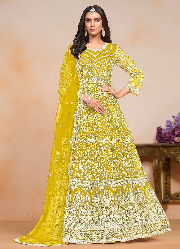 Bright Yellow Designer Embroidery Festive Anarkali Suit