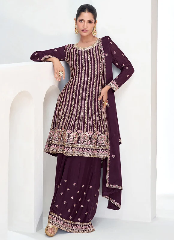 Burgundy Multi Embroidery Gharara Style Suit