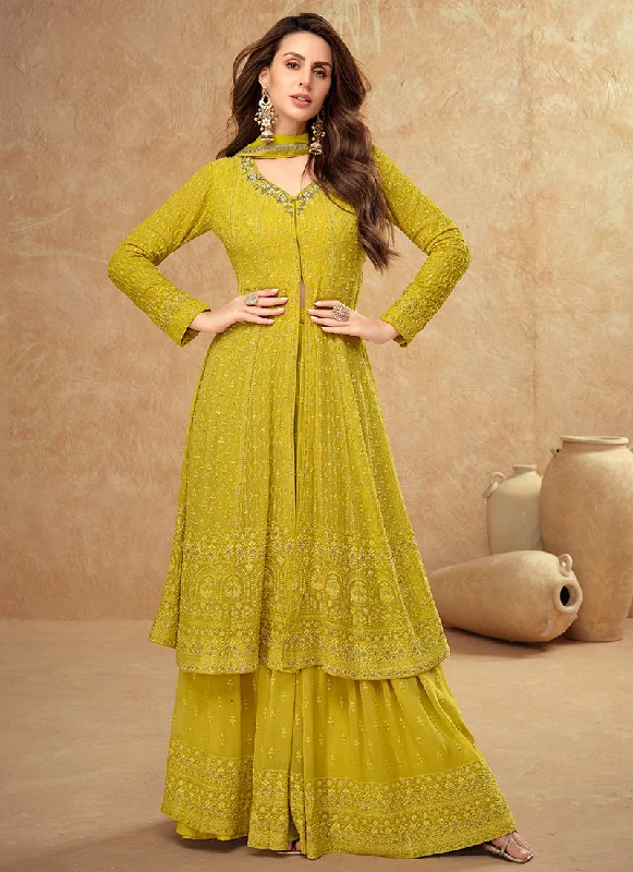 Canary Yellow Traditional Embroidery Slit Style Anarkali Palazzo Suit