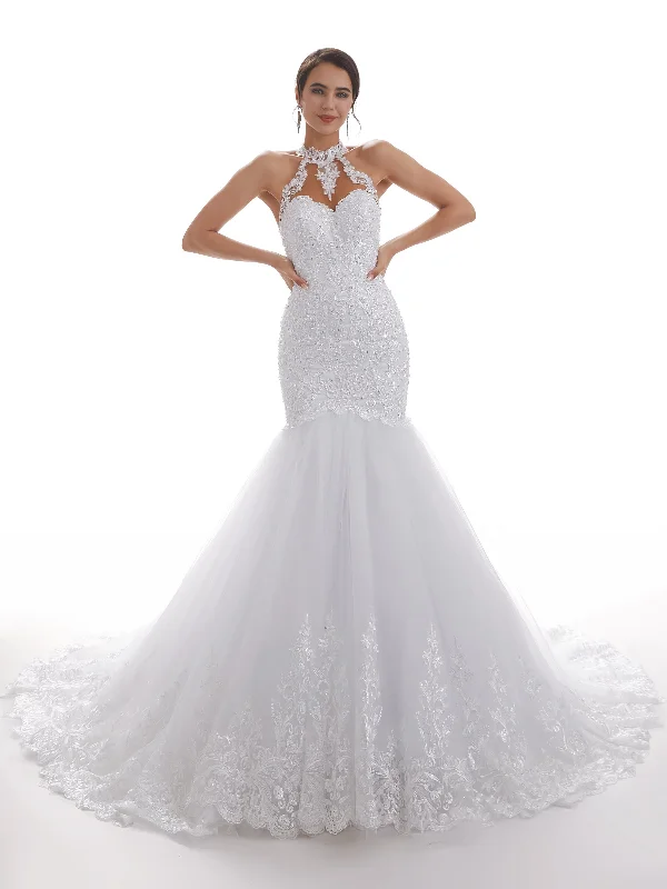 Halter Sexy Mermaid Open Back Long Lace Wedding Dresses