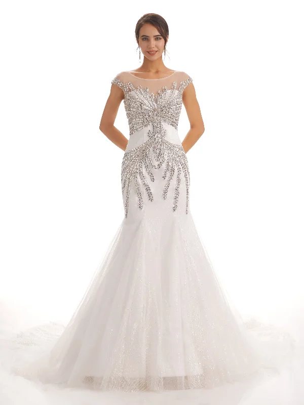 Cap Sleeves Scoop Long Mermaid Rhinestone Long Wedding Dresses