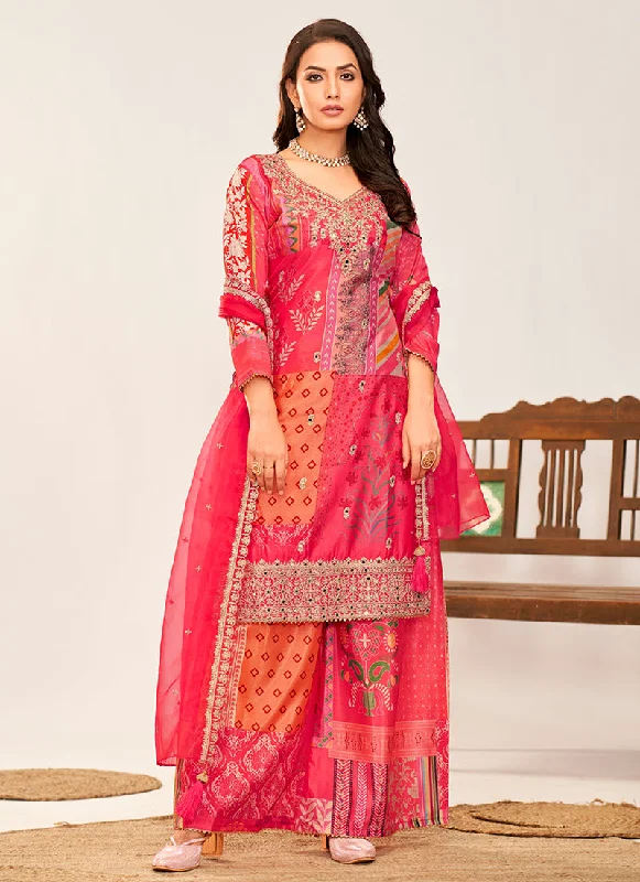 Crimson Multicoloured Embroidery Palazzo Style Suit