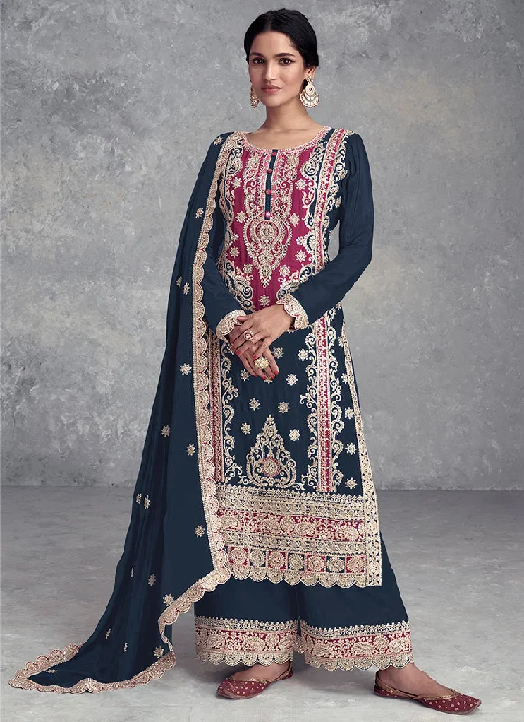 Dark Blue Embroidered Festive Palazzo Suit