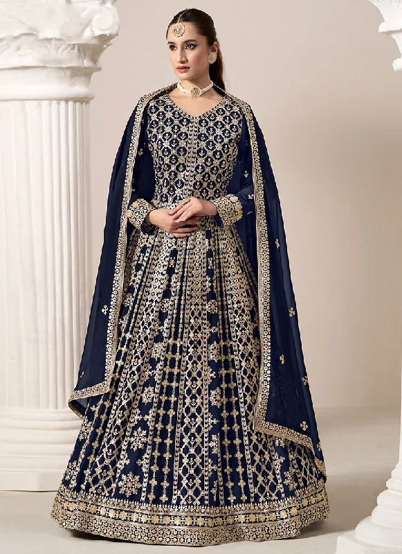 Dark Blue Embroidery Georgette Anarkali Suit