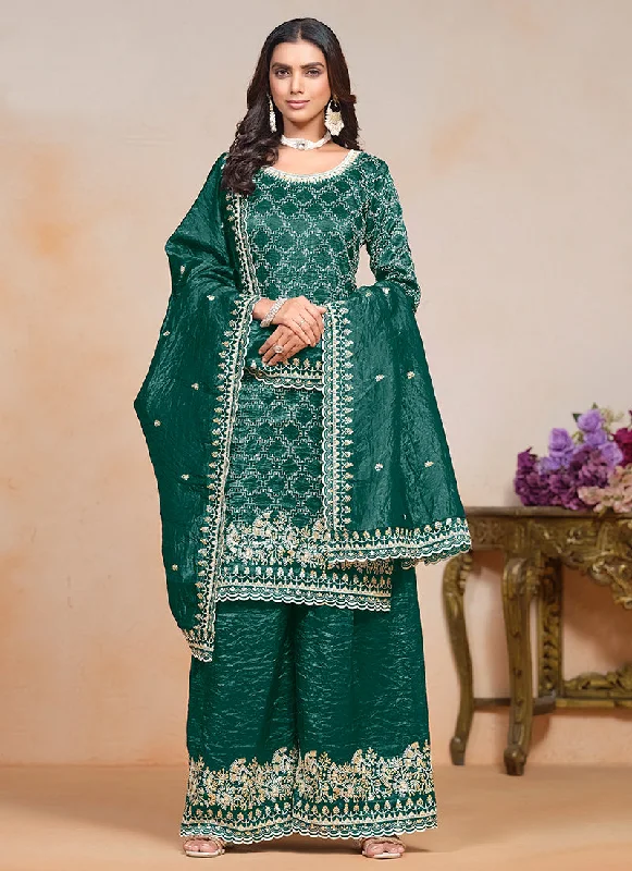 Dark Green Embroidered Traditional Palazzo Suit