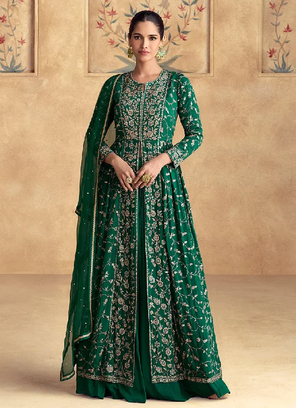 Dark Green Golden Embroidery Slit Style Anarkali Lehenga