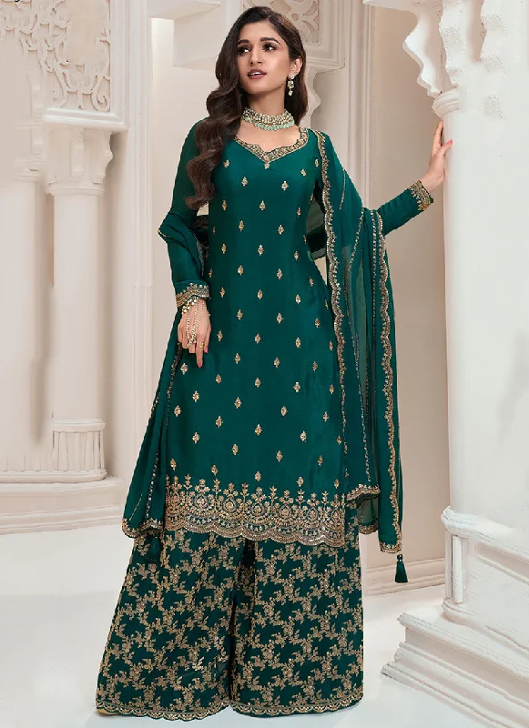 Dark Green Traditional Embroidered Festive Palazzo Suit