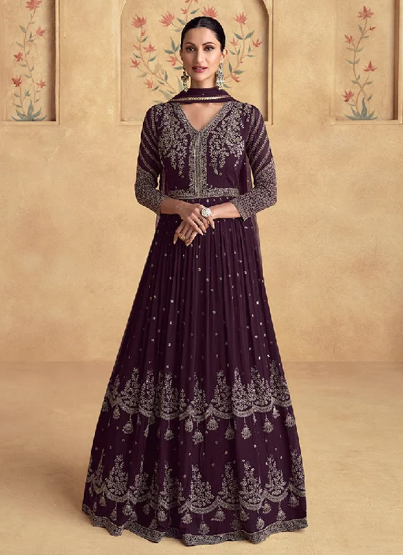 Deep Purple Embroidered Georgette Anarkali Gown Dress