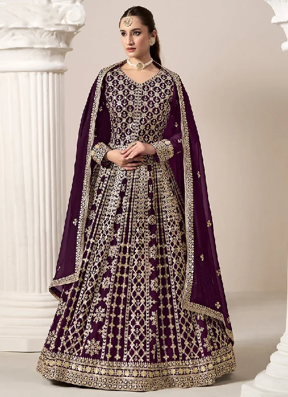 Deep Purple Embroidery Georgette Anarkali Suit