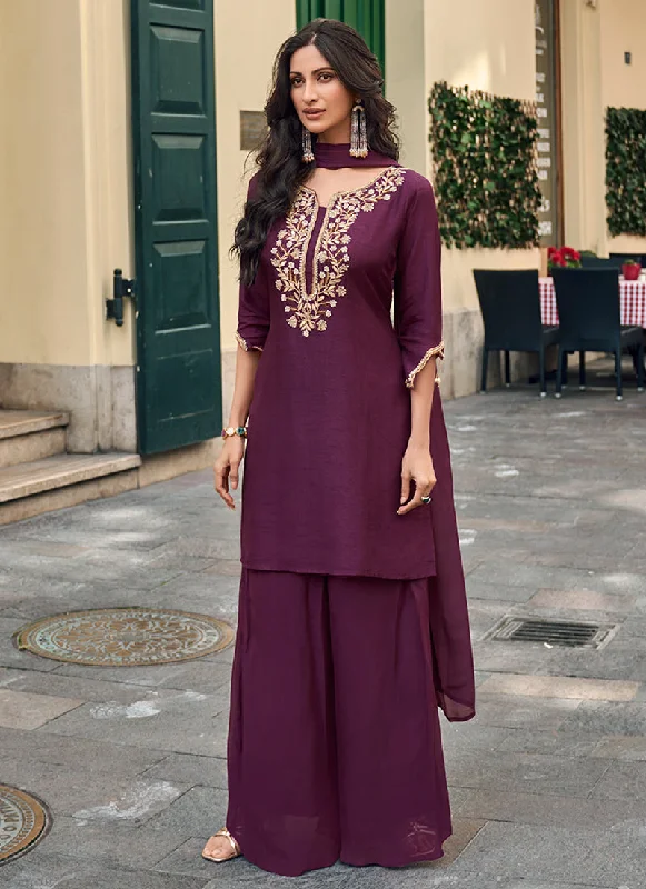 Deep Purple Handwork Embroidery Party Wear Palazzo Suit