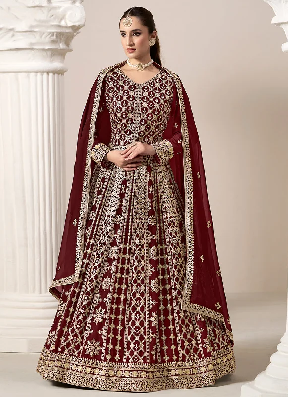 Deep Red Embroidery Georgette Anarkali Suit