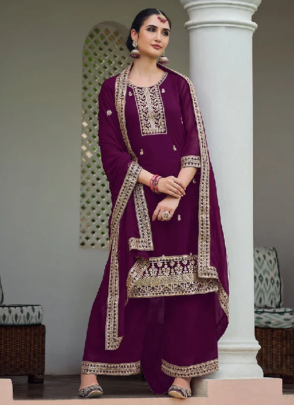 Deep Wine Embroidery Georgette Palazzo Suit