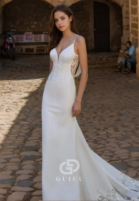 Lace Appliques V-Neck Sweep Train Wedding Dress with Spaghetti Straps and Buttons