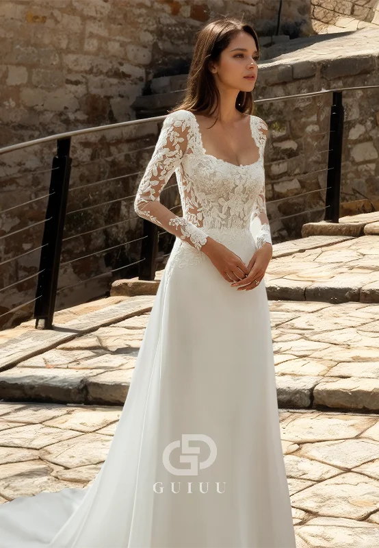 Scoop Lace Appliques Long Sleeves Wedding Dress with Sweep Train