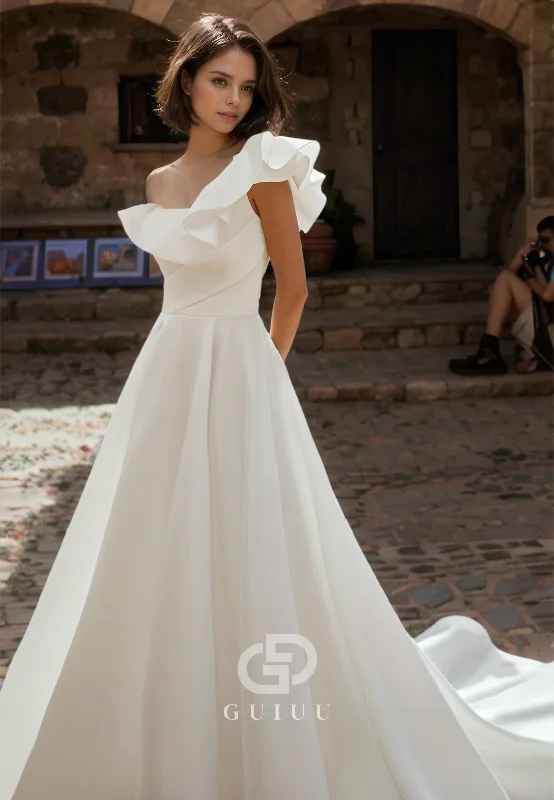 One Shoulder Ruffles Draped A-Line Long Wedding Dress with Pockets