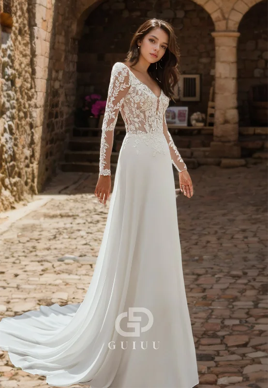 V-Neck Long Sleeves Sheath Lace Appliques Wedding Dress with Sweep Train