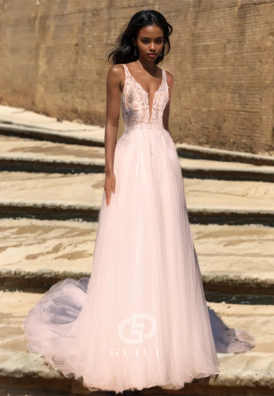 Mermaid Tulle Pleated V-Neck Strappy Wedding Dress with Lace Appliques