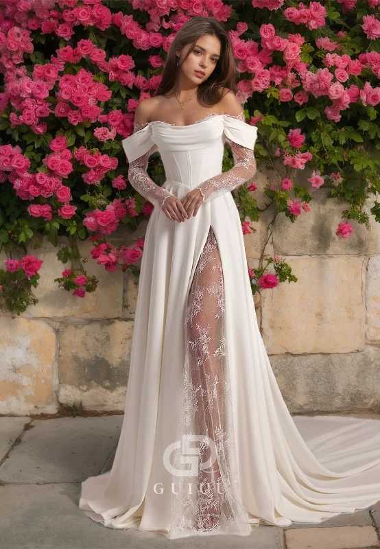 Off-Shoulder Draped Lace lined High Side Slit Wedding Dress with Sweep Train