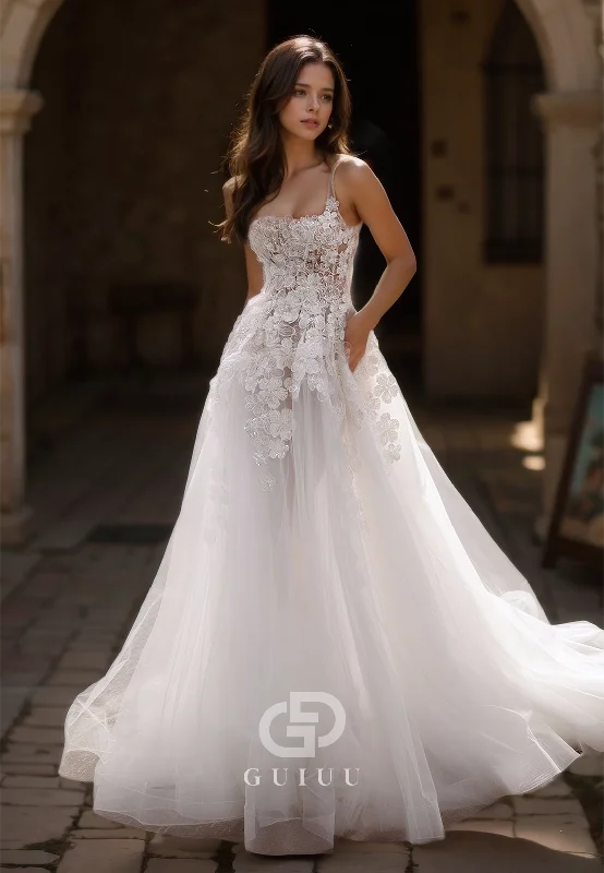 A-Line Lace Appliques Beaded Tulle Wedding Dress with Sweep Train