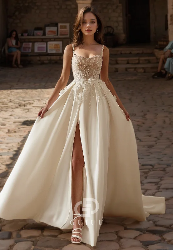 A Line Sweetheart Pearls Side Slit Vintage Wedding Dress