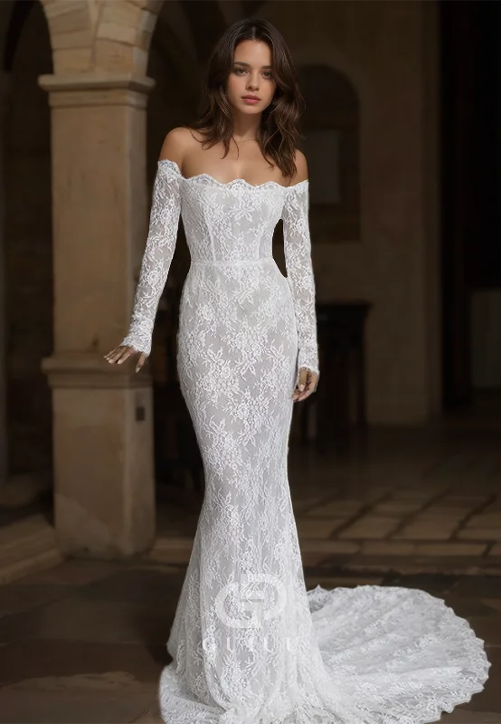 Mermaid Off-Shoulder Long Sleeves Empire-Waist Appliques Lace Wedding Dress