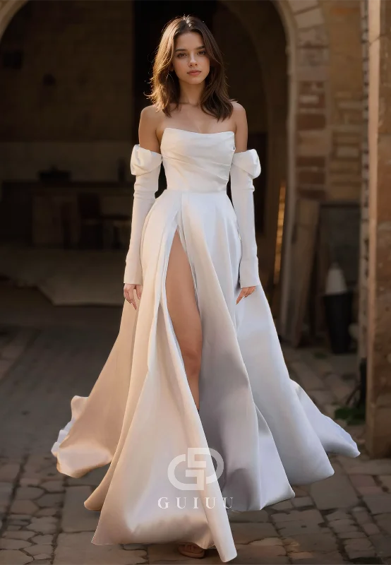 Elegant A-Line Off-Shoulder Long Sleeves Slit Ruched Satin Wedding Dress