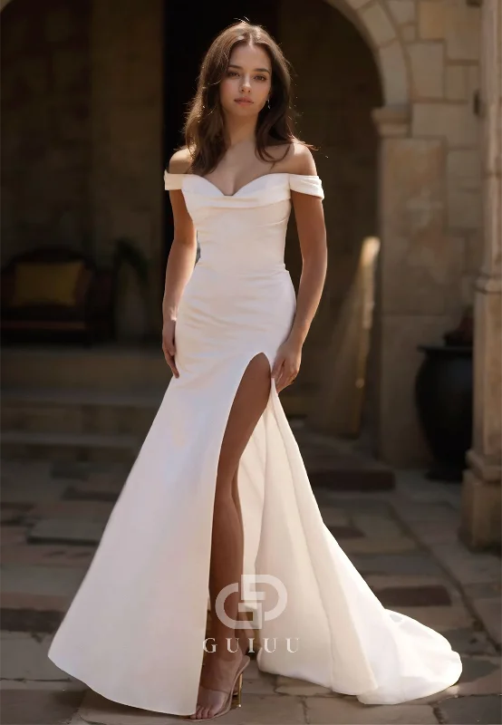 A-Line Cap Sleeves Sweetheart Side Slit Empire-Waist Ruched Satin Wedding Dress