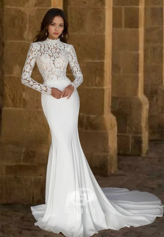 Mermaid Lace Long Sleeves High Neck Empire-Waist Backless Boho Wedding Dress