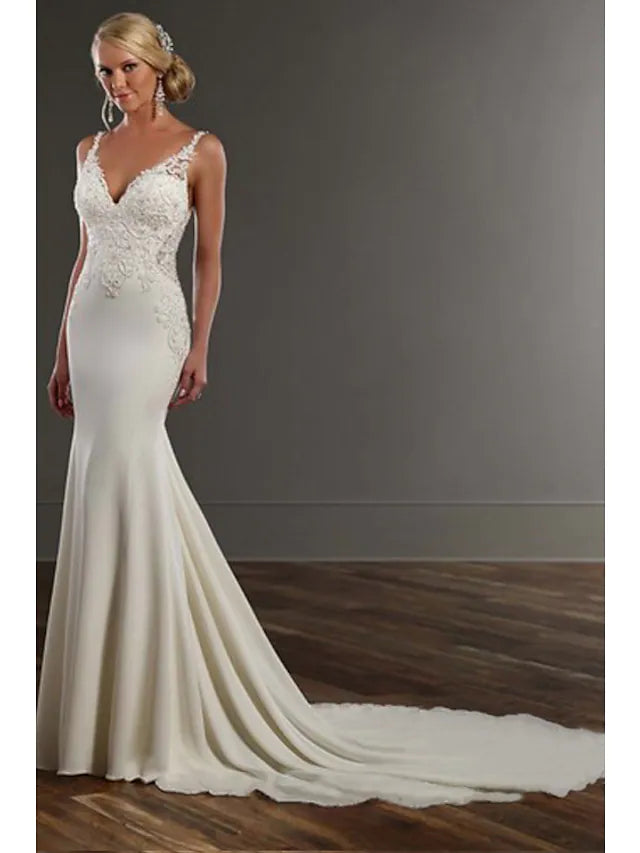 Engagement Formal Sexy Wedding Dresses Chapel  Mermaid  Trumpet Spaghetti Strap V Neck Lace With Appliques