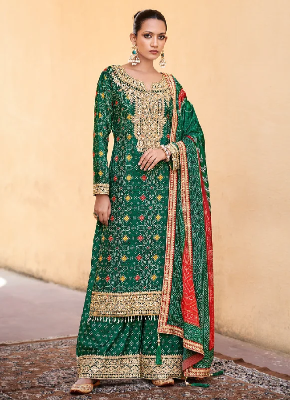 Green And Red Mirror Embroidery Bandhani Palazzo Suit