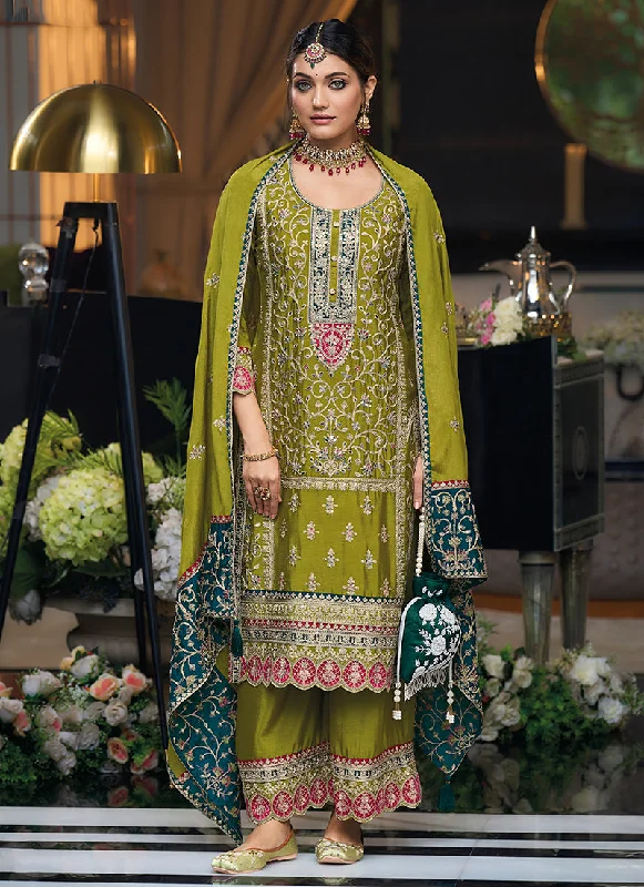 Green Multi Embroidery Traditional Palazzo Style Suit