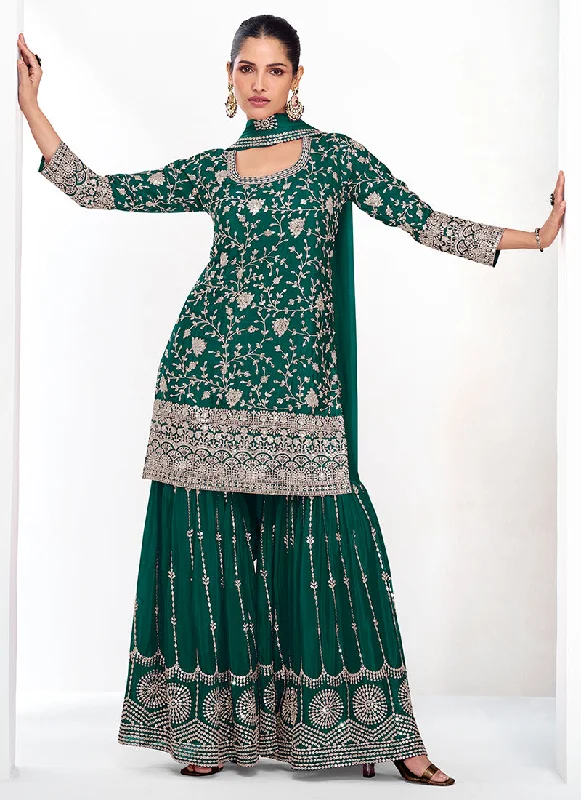 Green Traditional Embroidery Festive Gharara Suit