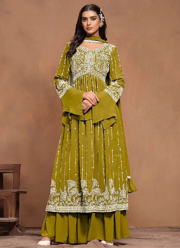 Green White Embroidery Pleated Kurti Palazzo Suit