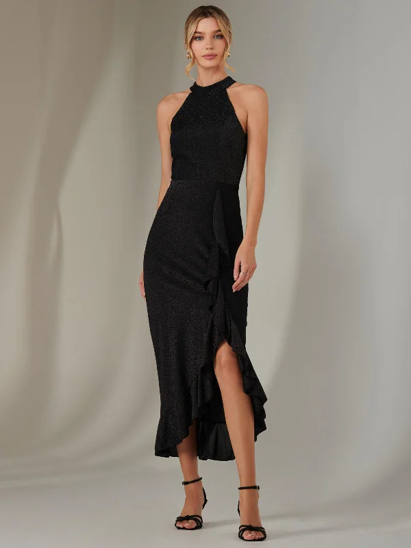 Halter Neck Frill Jersey Maxi Dress, Black